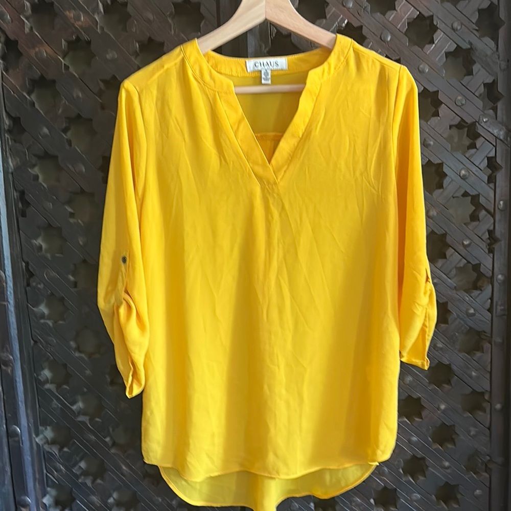 Chaus Yellow 3/4 Sleeve Mandarin Collar Blouse
